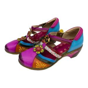 Iliyah Fuchsia Pink & Blue Floral Cutout Boho Leather Mary Jane Loafers 6